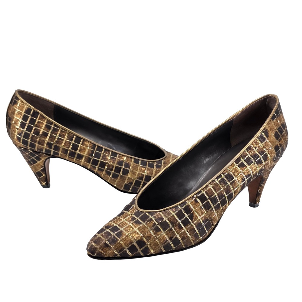 Vintage Sesto Meucci Pumps 7.5 N Gold Bronze Grid Kitten Heel Italy 80s Luxury